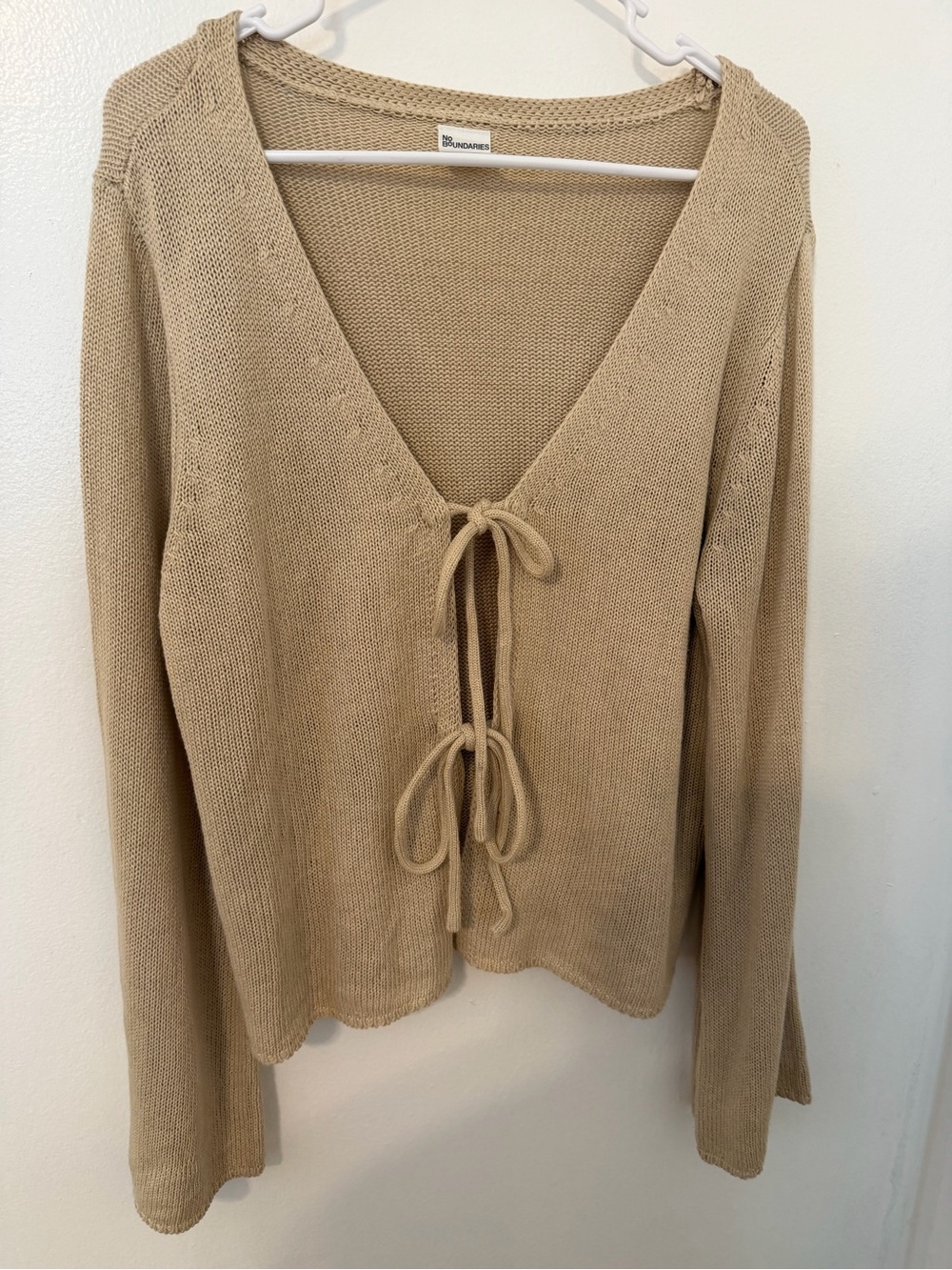 No Boundaries Tan Tie-Front V-Neck Sweater